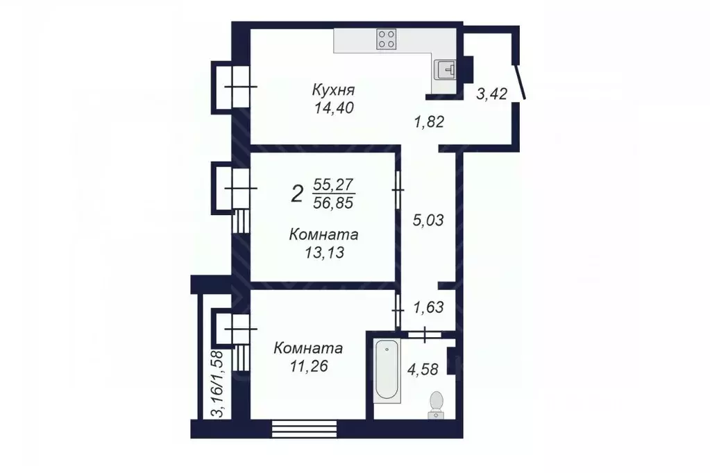2-к кв. Челябинская область, Челябинск Заручейный кв-л,  (56.85 м) - Фото 1