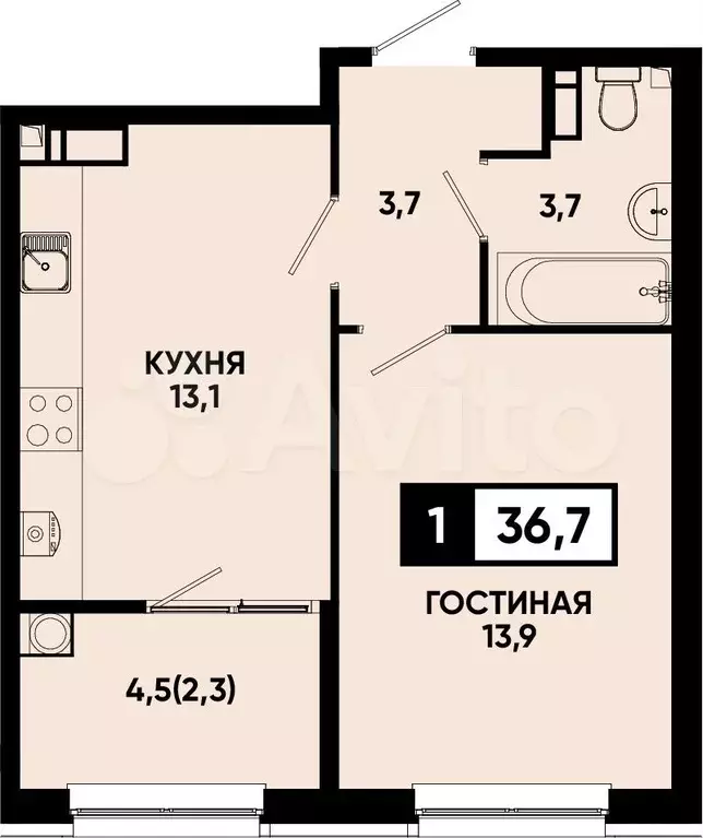 1-к. квартира, 36,7 м, 12/14 эт. - Фото 0