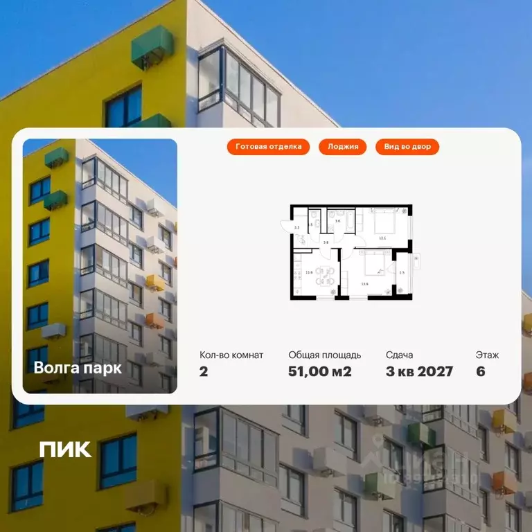 2-к кв. Ярославская область, Ярославль Волга Парк жилой комплекс (51.0 ... - Фото 1