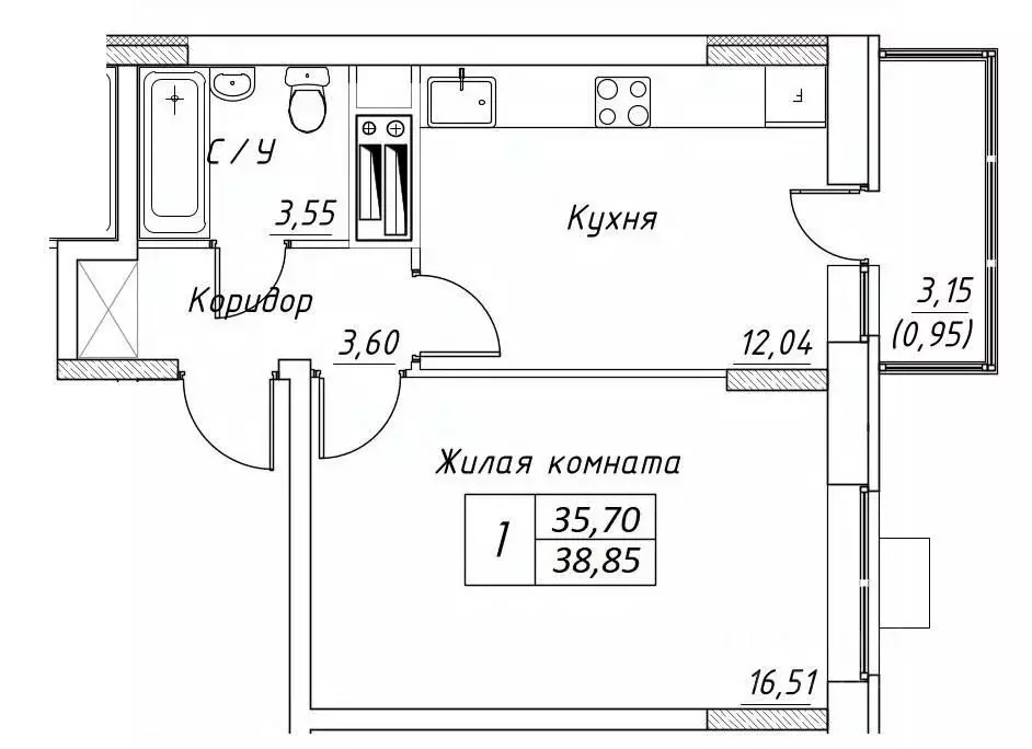 1-к кв. Московская область, Дмитров  (38.85 м) - Фото 0