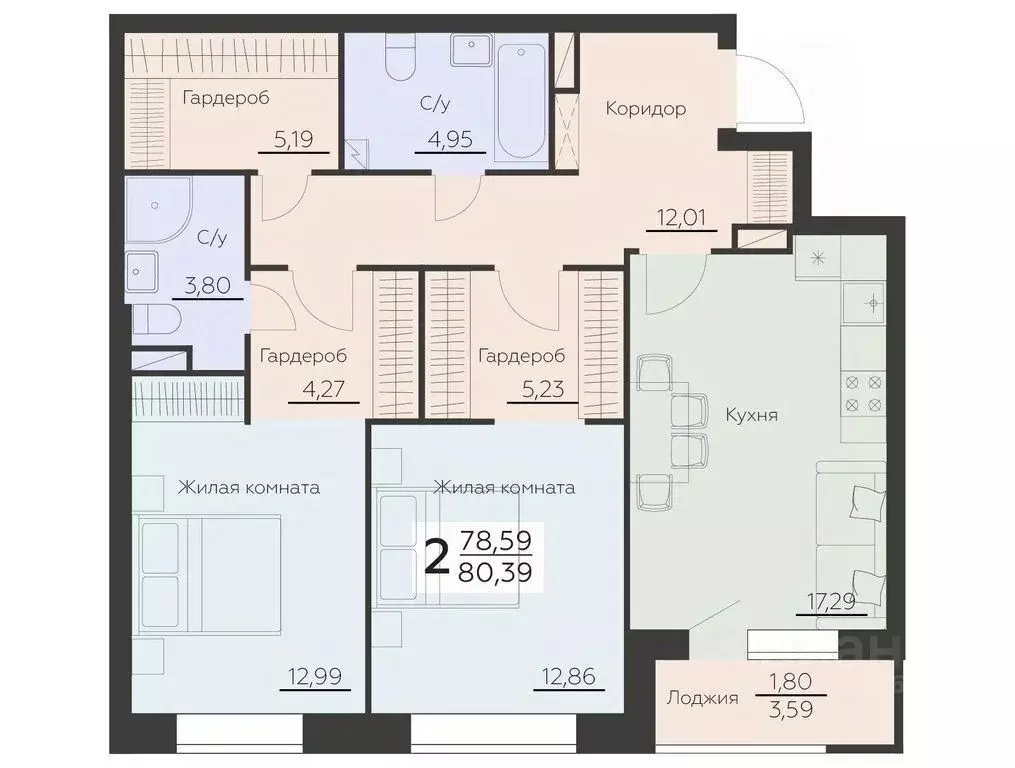 2-к кв. Воронежская область, Воронеж Ленинградская ул., 29Б (80.39 м) - Фото 0