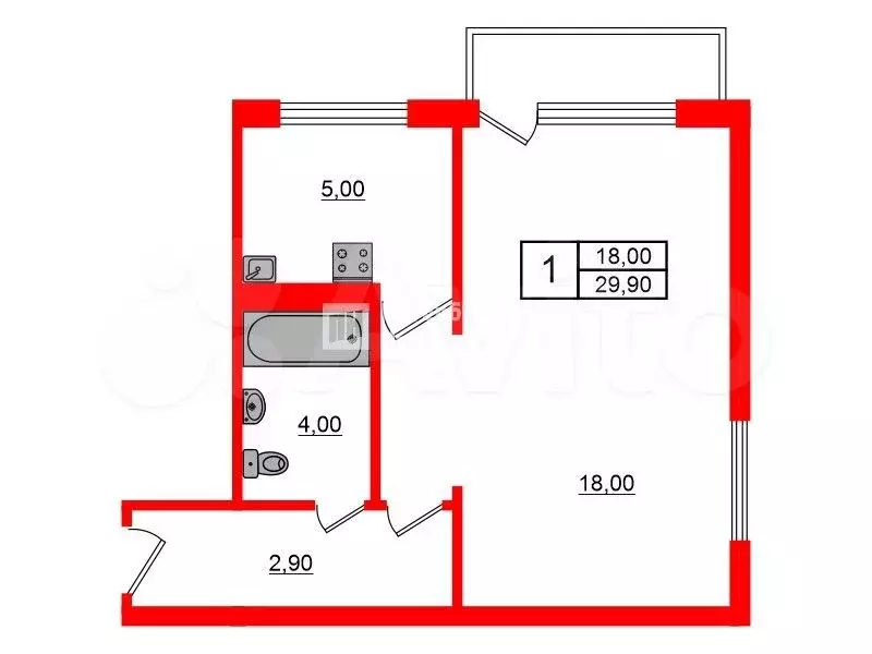 1-к. квартира, 29,9 м, 5/5 эт. - Фото 0