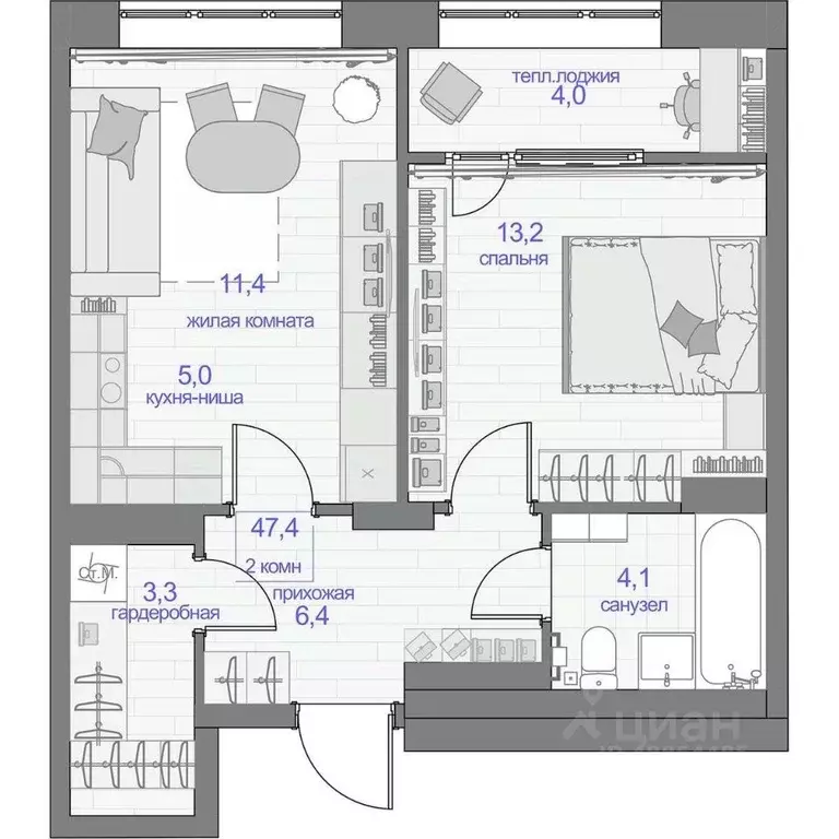 2-к кв. Красноярский край, Красноярск ул. Апрельская, 9А (47.4 м) - Фото 0