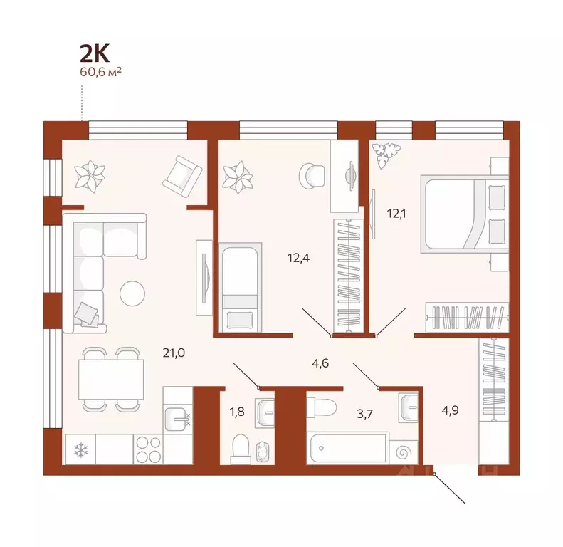 2-к кв. Тюменская область, Тюмень ул. Новаторов, 30 (60.61 м) - Фото 0