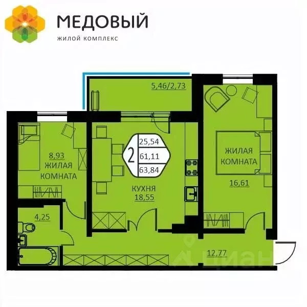2-к кв. Пермский край, д. Кондратово ул. Г.Н. Нифантова, 12 (63.84 м) - Фото 0