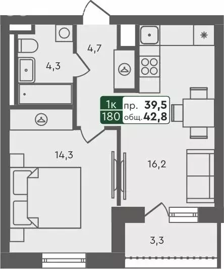 1-комнатная квартира: Курган, жилой район Заозёрный, ЖК Маяк (42.8 м) - Фото 1