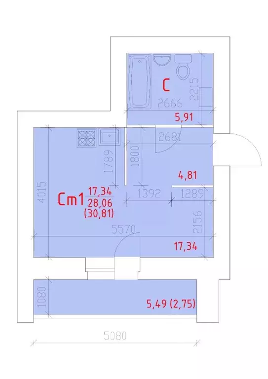 Студия Вологодская область, Череповец 109-й мкр,  (30.81 м) - Фото 0