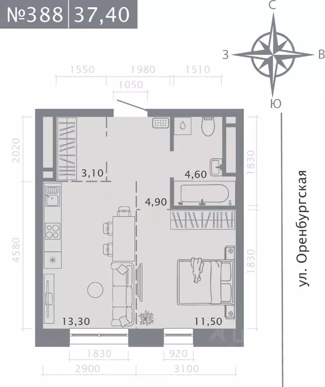1-к кв. Татарстан, Казань ул. Шишкина (37.4 м) - Фото 1