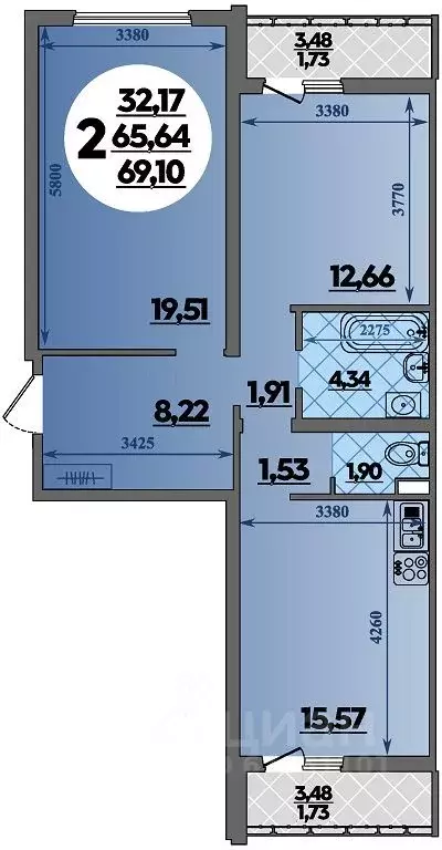 2-к кв. Адыгея, Майкоп  (69.1 м) - Фото 1