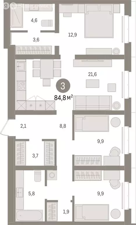 3-комнатная квартира: Тюмень, жилой комплекс На Минской (84.79 м) - Фото 1