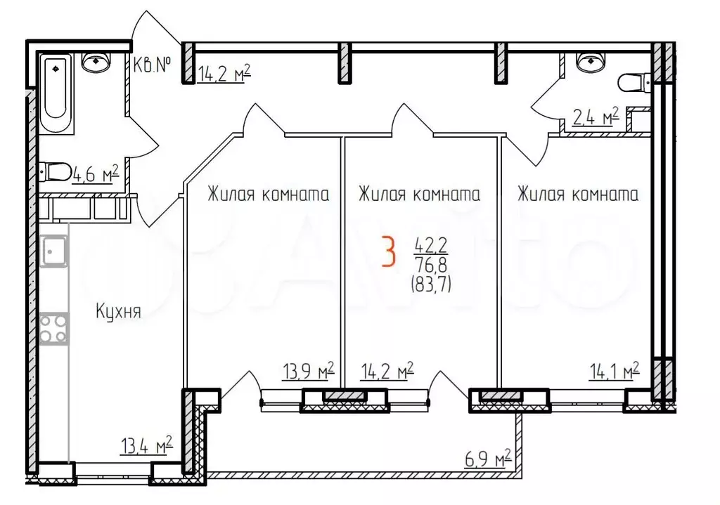3-к. квартира, 83,7м, 4/17эт. - Фото 1