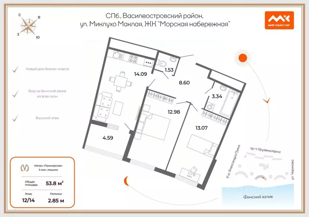 3-к кв. Санкт-Петербург наб. Миклухо-Маклая, 3к1 (53.8 м) - Фото 2