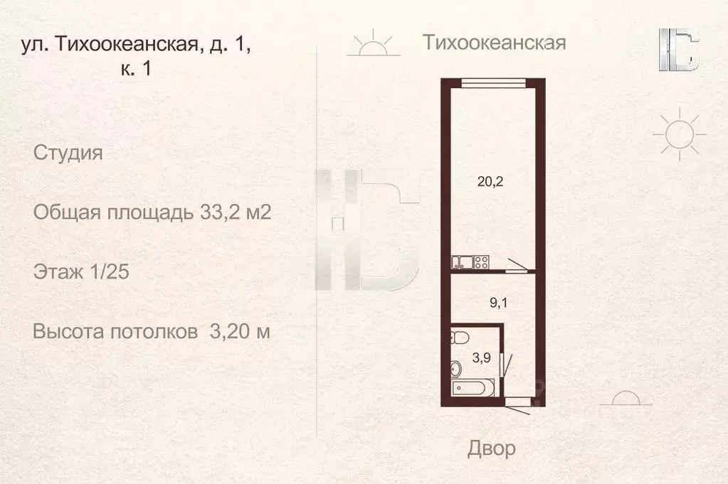 Студия Санкт-Петербург пос. Парголово, ул. Тихоокеанская, 1к1 (33.2 м) - Фото 2
