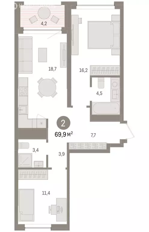 2-комнатная квартира: Тюмень, ЖК Дом у Озера (69.87 м) - Фото 1