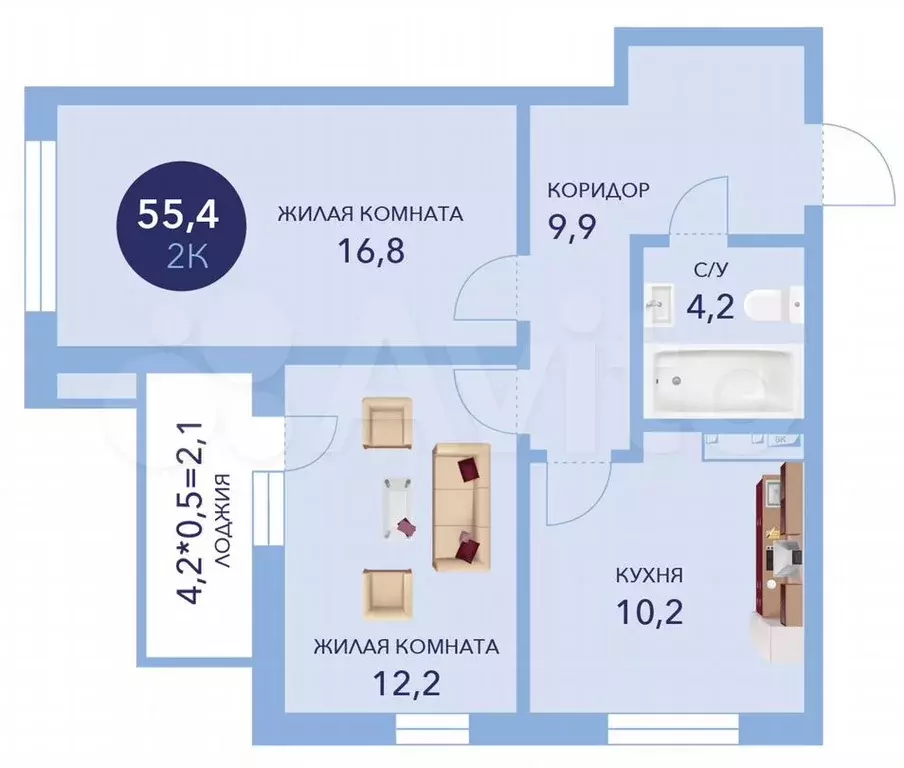 2-к. квартира, 57,5м, 13/16эт. - Фото 1