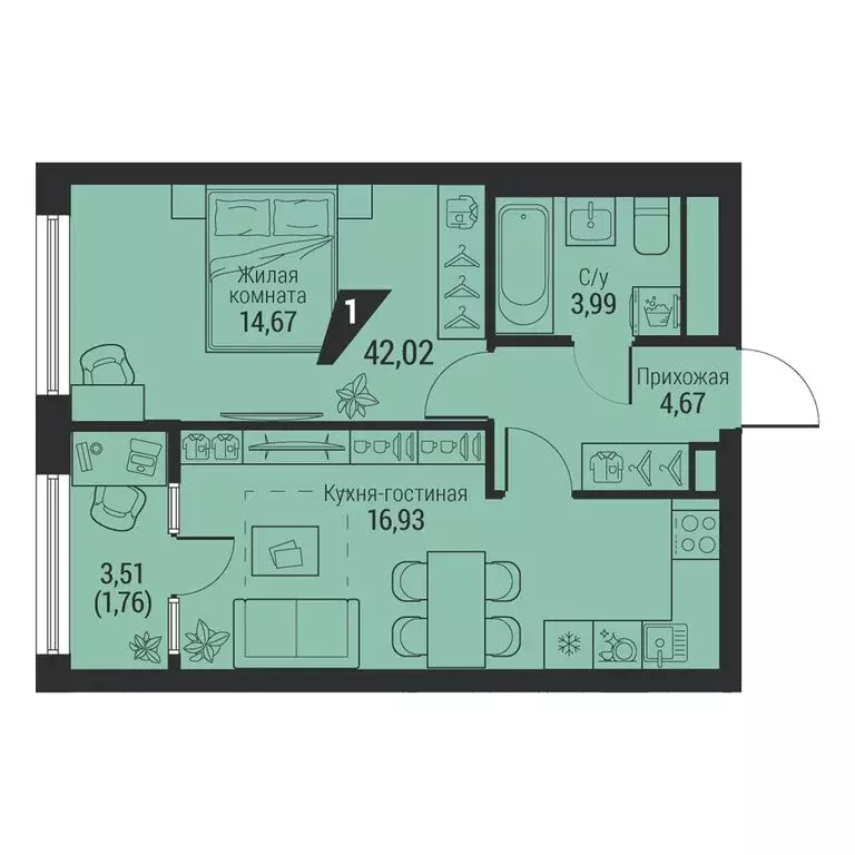 1-комнатная квартира: Екатеринбург, проспект Космонавтов, 100 (42.02 ... - Фото 1