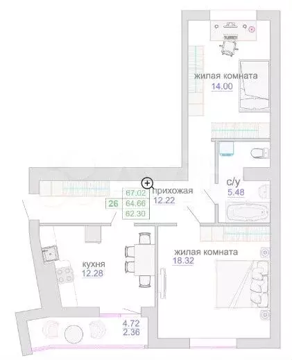2-к. квартира, 65,5 м, 7/9 эт. - Фото 1