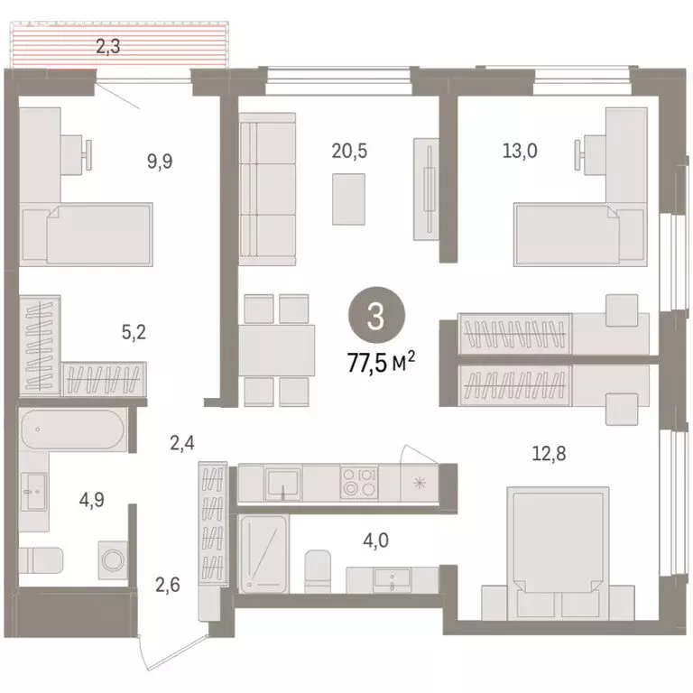 3-комнатная квартира: Новосибирск, улица Аэропорт (77.51 м) - Фото 1