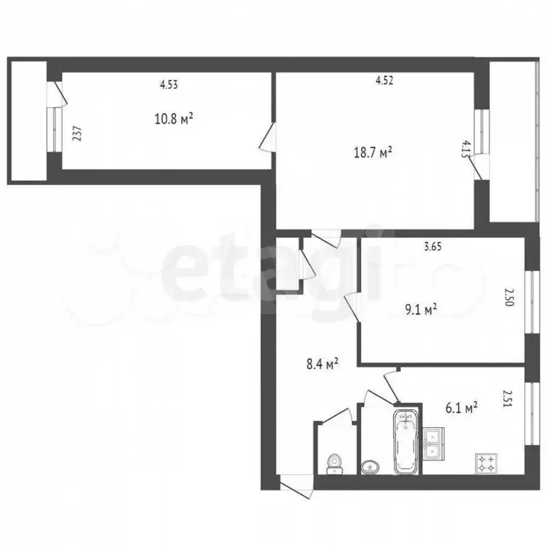 3-к. квартира, 56,7 м, 9/9 эт. - Фото 0