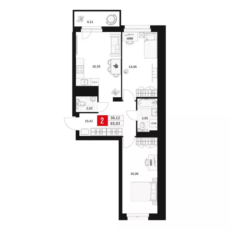 2-комнатная квартира: Уфа, Большая Московская улица, 11 (65.03 м) - Фото 1