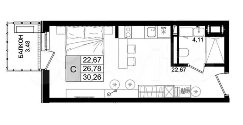Апартаменты-студия, 30,3 м, 3/8 эт. - Фото 1