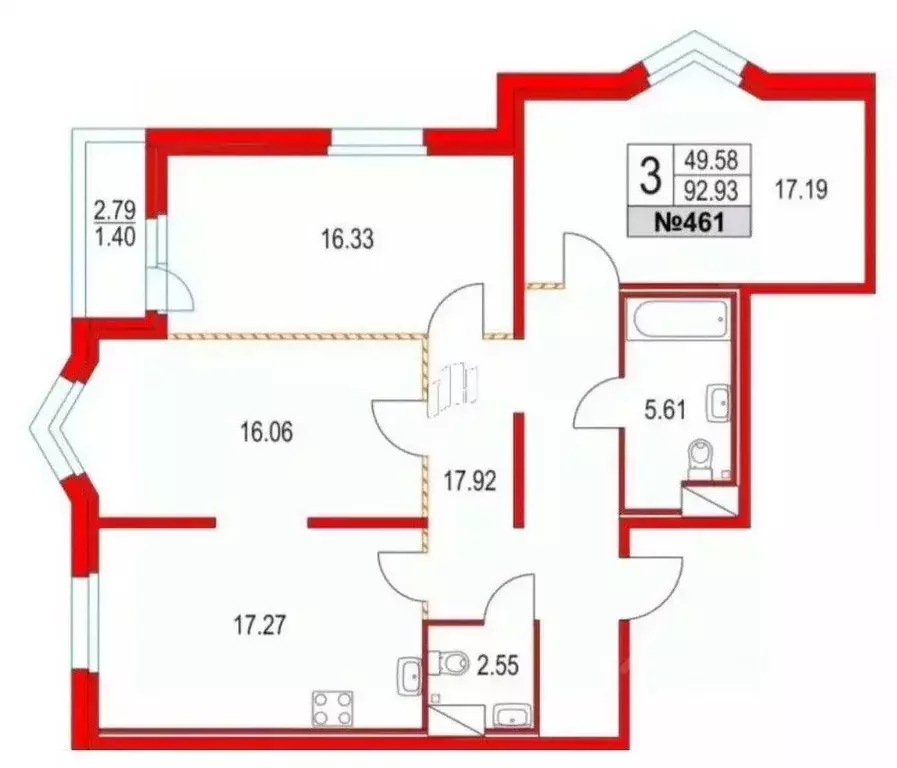 3-к кв. Санкт-Петербург Коломяжский просп., 13к3 (93.0 м) - Фото 2