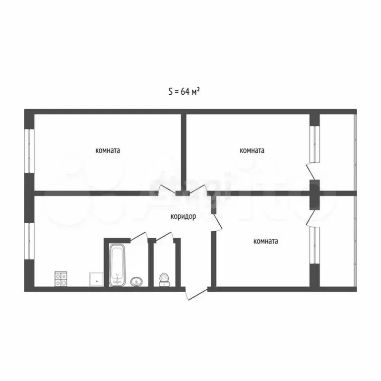 3-к. квартира, 61,2 м, 3/5 эт. - Фото 0