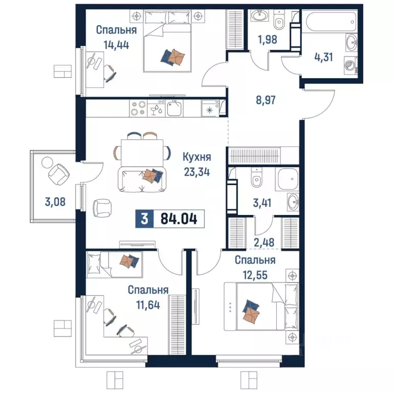 3-к кв. Ленинградская область, Мурино Всеволожский район,  (84.04 м) - Фото 1