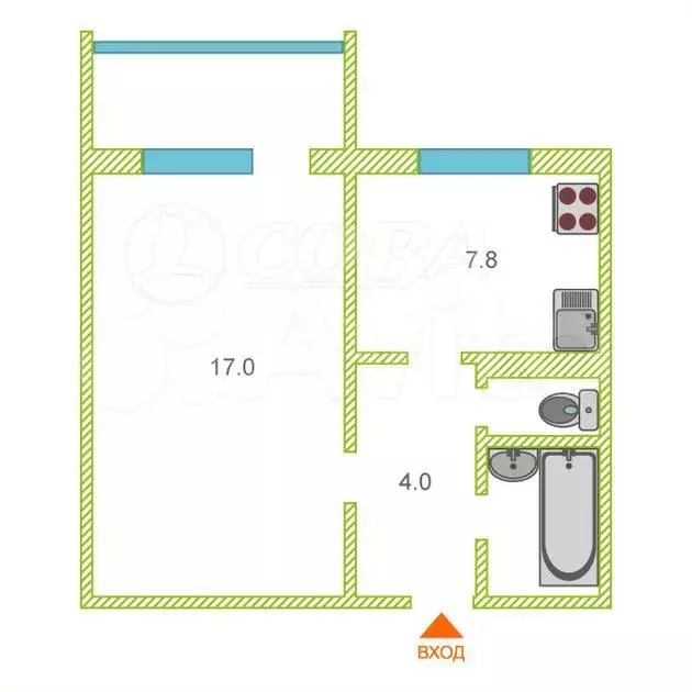 1-к. квартира, 32,6 м, 1/9 эт. - Фото 0