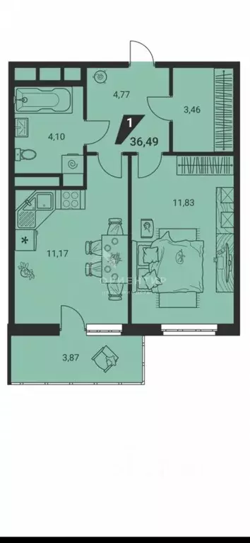 1-к кв. Свердловская область, Екатеринбург ул. Громова, 26 (36.49 м) - Фото 2