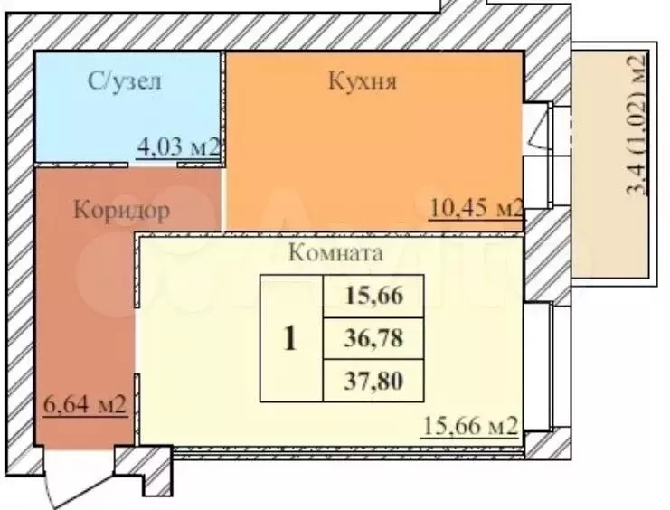 1-к. квартира, 37,8 м, 3/5 эт. - Фото 1
