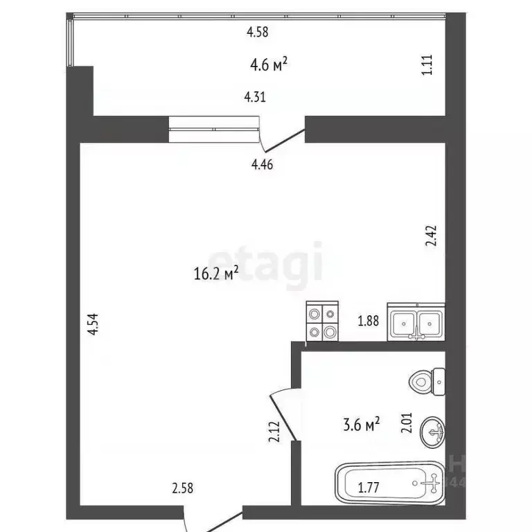 Студия Тюменская область, Тюмень ул. Надира Сагдеева, 10 (24.1 м) - Фото 1