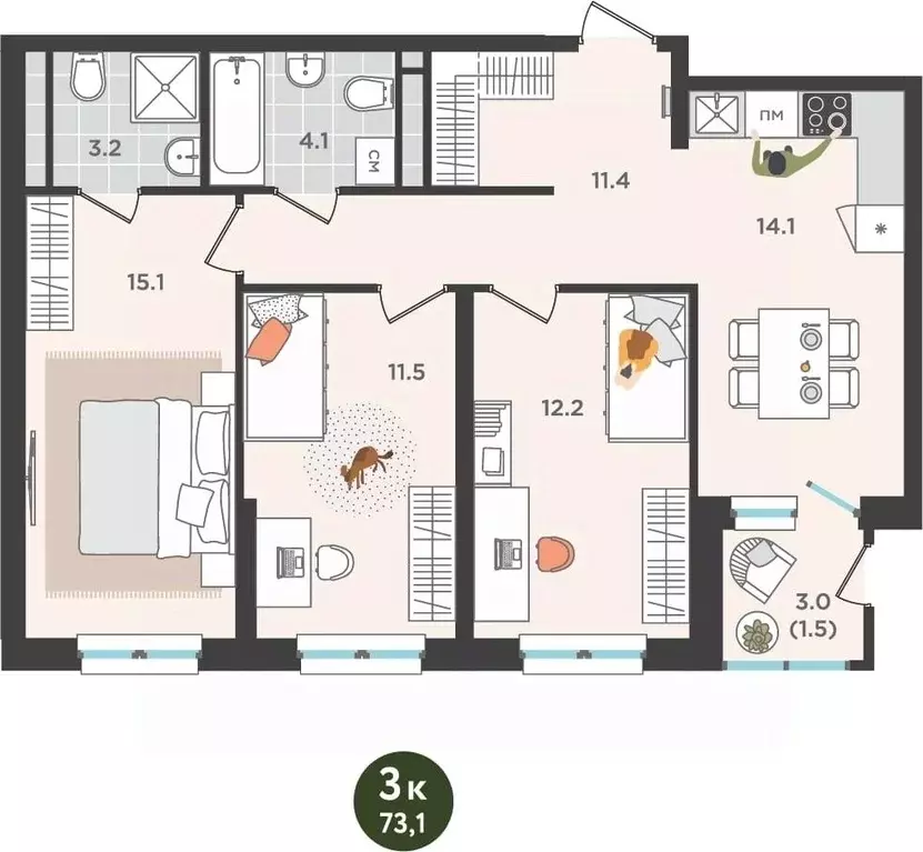 3-к кв. Пермский край, Пермь ул. Куфонина, 1 (73.1 м) - Фото 1