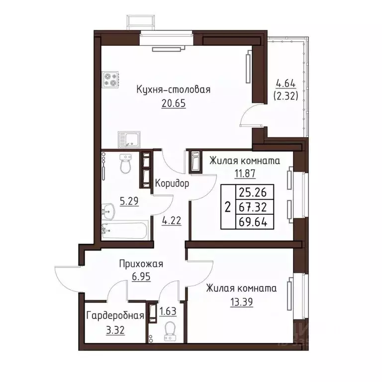 2-к кв. Орловская область, Орел ул. Левый Берег реки Оки, 21к1 (69.64 ... - Фото 1