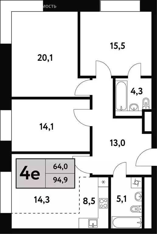 4-комнатная квартира: Москва, Фестивальная улица, 15к6 (94.9 м) - Фото 1