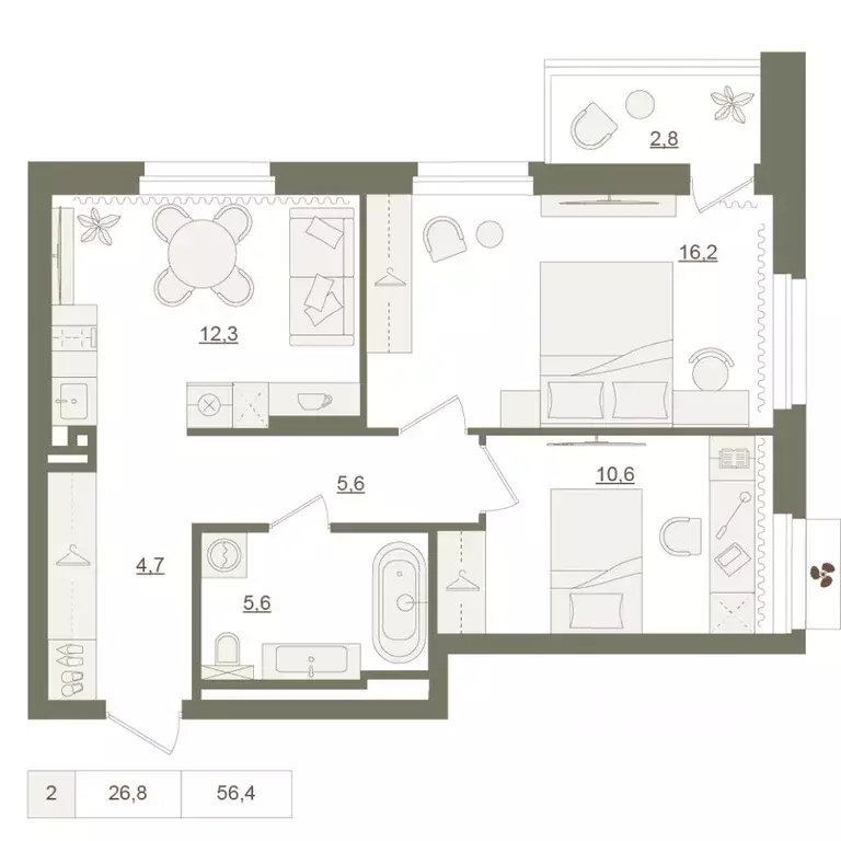 2-к кв. Башкортостан, Уфа Родина Парк жилой комплекс (56.4 м) - Фото 1