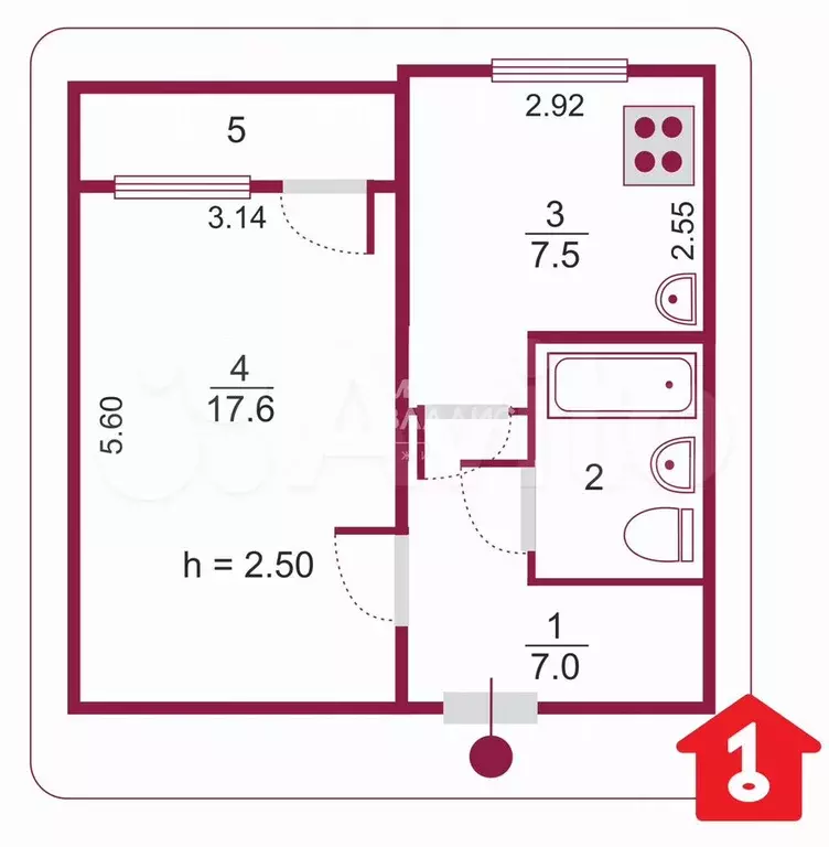 1-к. квартира, 35,9 м, 2/5 эт. - Фото 0