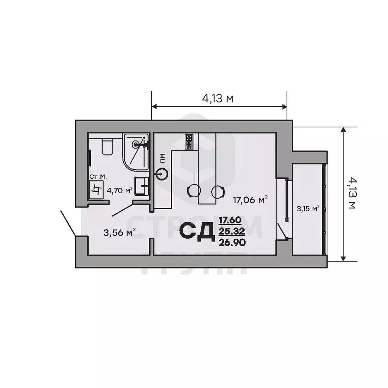 Квартира-студия: Ковров, улица Строителей, 43/1 (26.9 м) - Фото 2