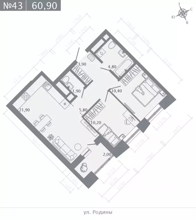2-к кв. Татарстан, Казань ул. Родины, 27Б (60.9 м) - Фото 0