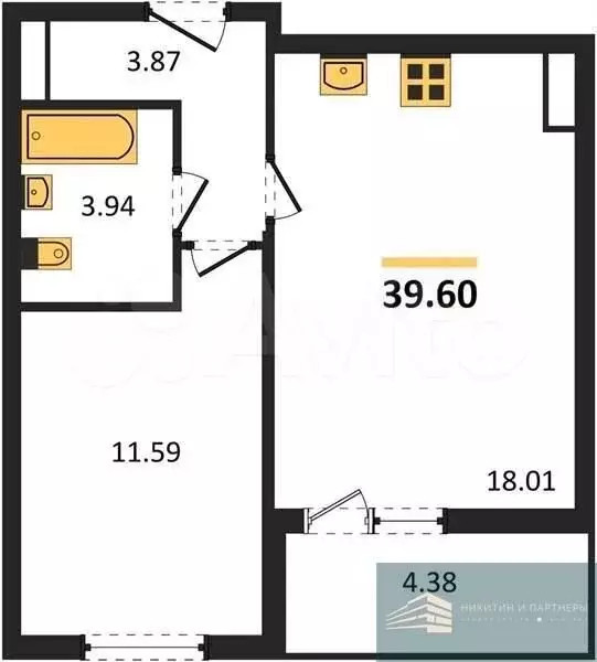 1-к. квартира, 39,6м, 5/10эт. - Фото 0