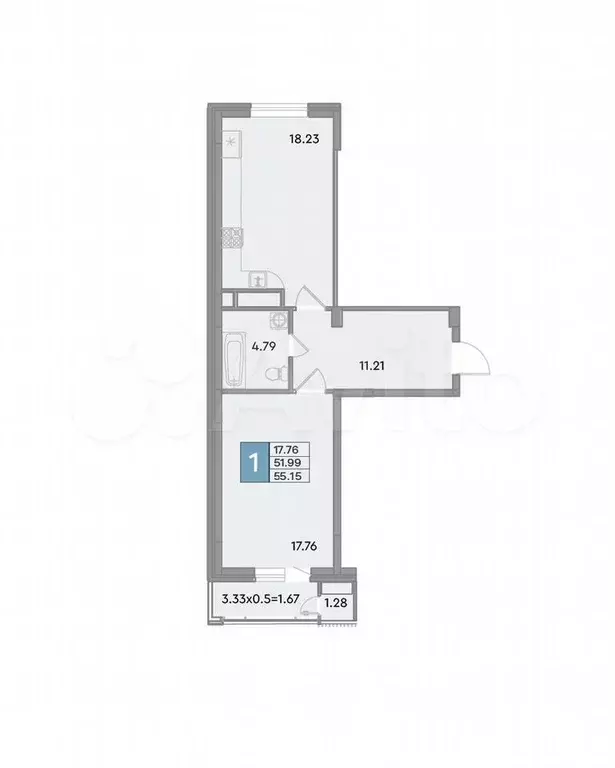 1-к. квартира, 55,2 м, 11/12 эт. - Фото 1