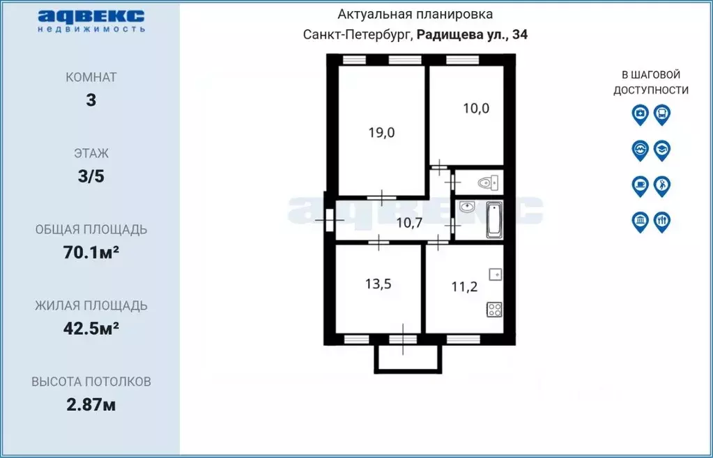 3-к кв. Санкт-Петербург ул. Радищева, 34 (70.1 м) - Фото 2