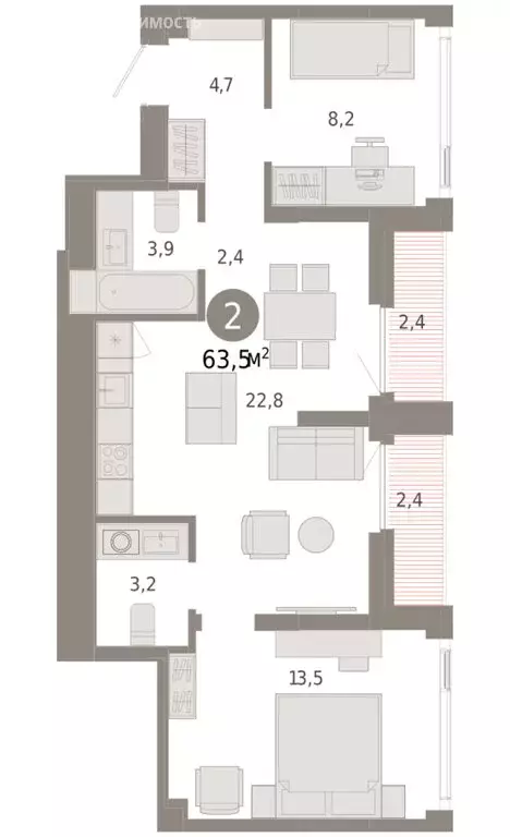 2-комнатная квартира: Тюмень, улица Павла Фитина, 7 (63.48 м) - Фото 2
