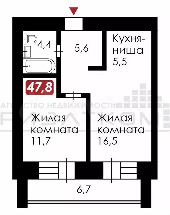 2-к. квартира, 47,8 м, 5/12 эт. - Фото 1