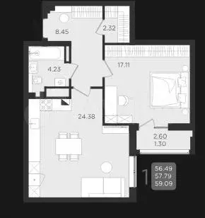 1-к. квартира, 59,1 м, 8/9 эт. - Фото 1