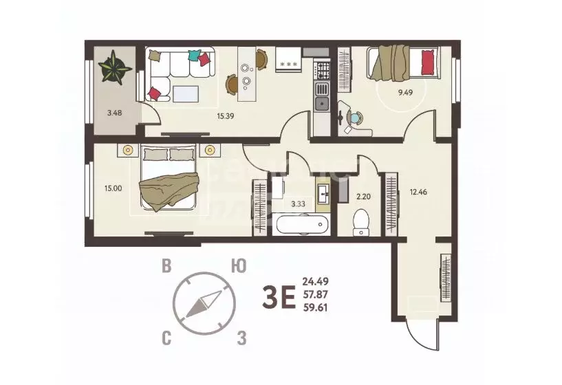 3-комнатная квартира: Липецк, ЖК Инстеп. Механизаторов (59.61 м) - Фото 0