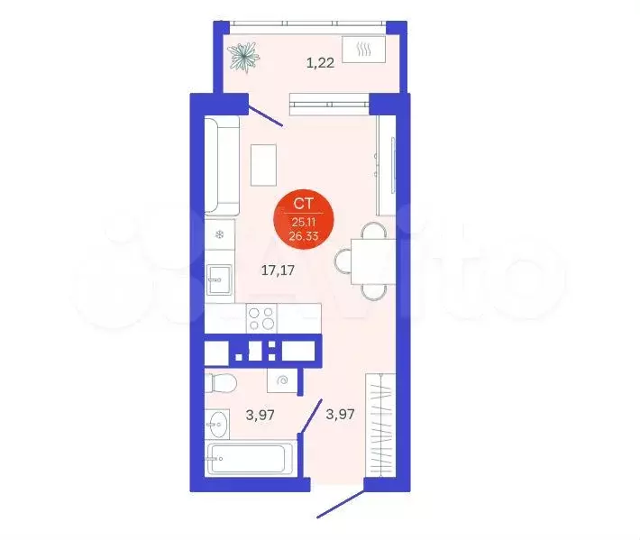 Квартира-студия, 26,3 м, 24/24 эт. - Фото 1