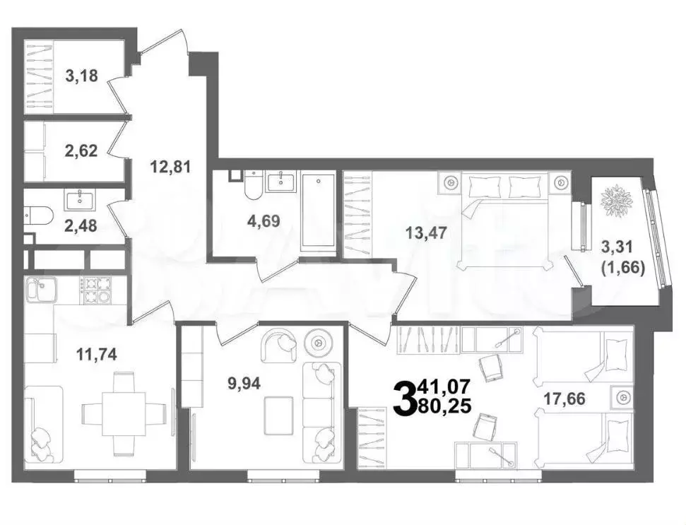 3-к. квартира, 80 м, 2/21 эт. - Фото 1