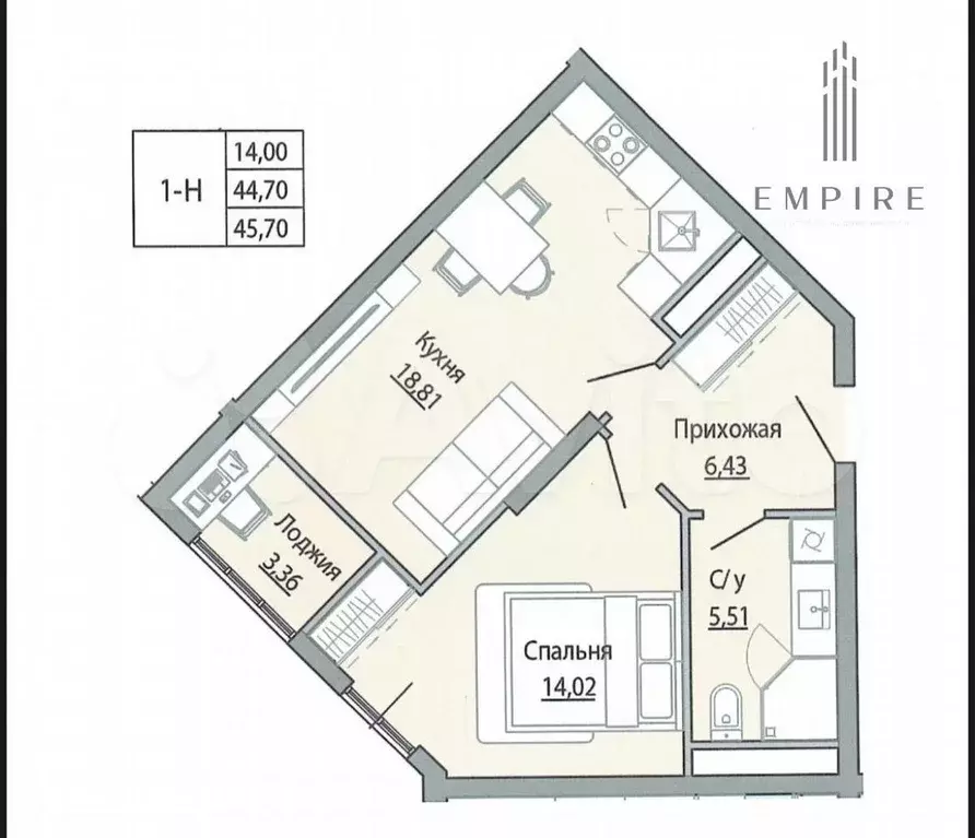 1-к. квартира, 45,7 м, 10/20 эт. - Фото 0
