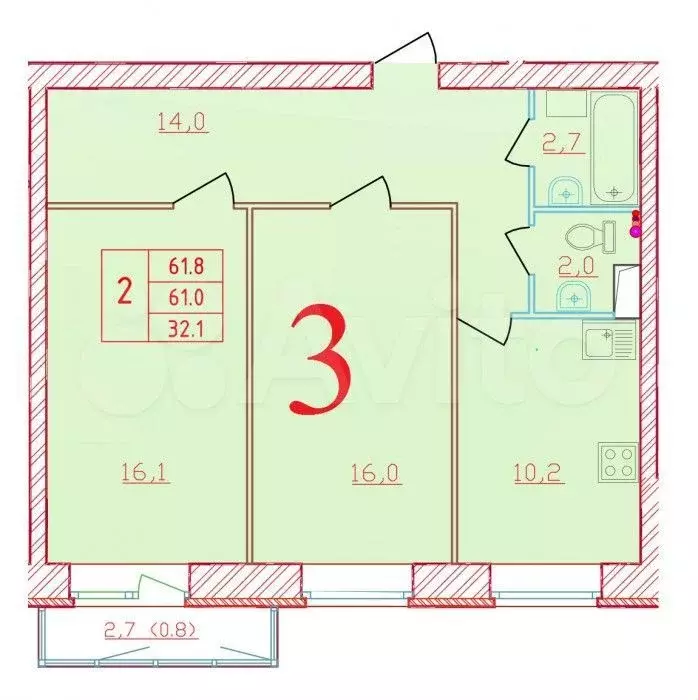 2-к. квартира, 61,8 м, 5/9 эт. - Фото 0